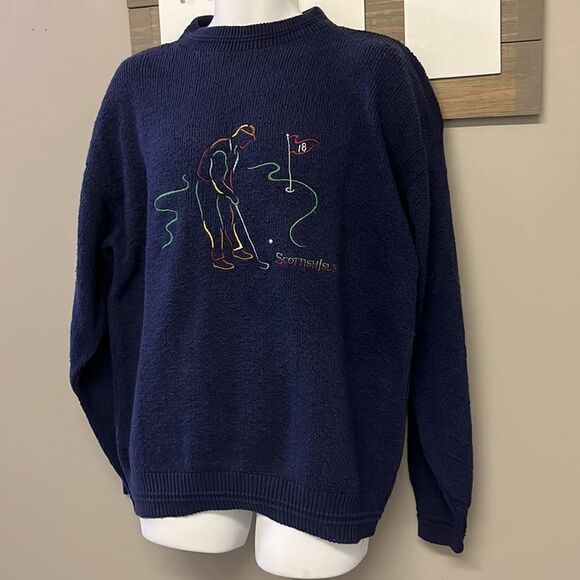 Scottish Isle Men’s Navy Embroidered Golf Crewneck Sweater by Bernette-Lg - Picture 2 of 16
